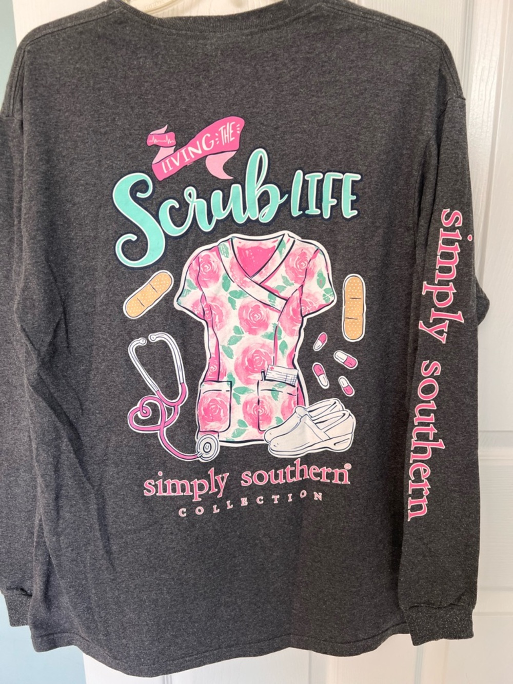 Simply Southern Nurse Long Sleeve Gray Tee with Pink Floral Scrub Life Graphic